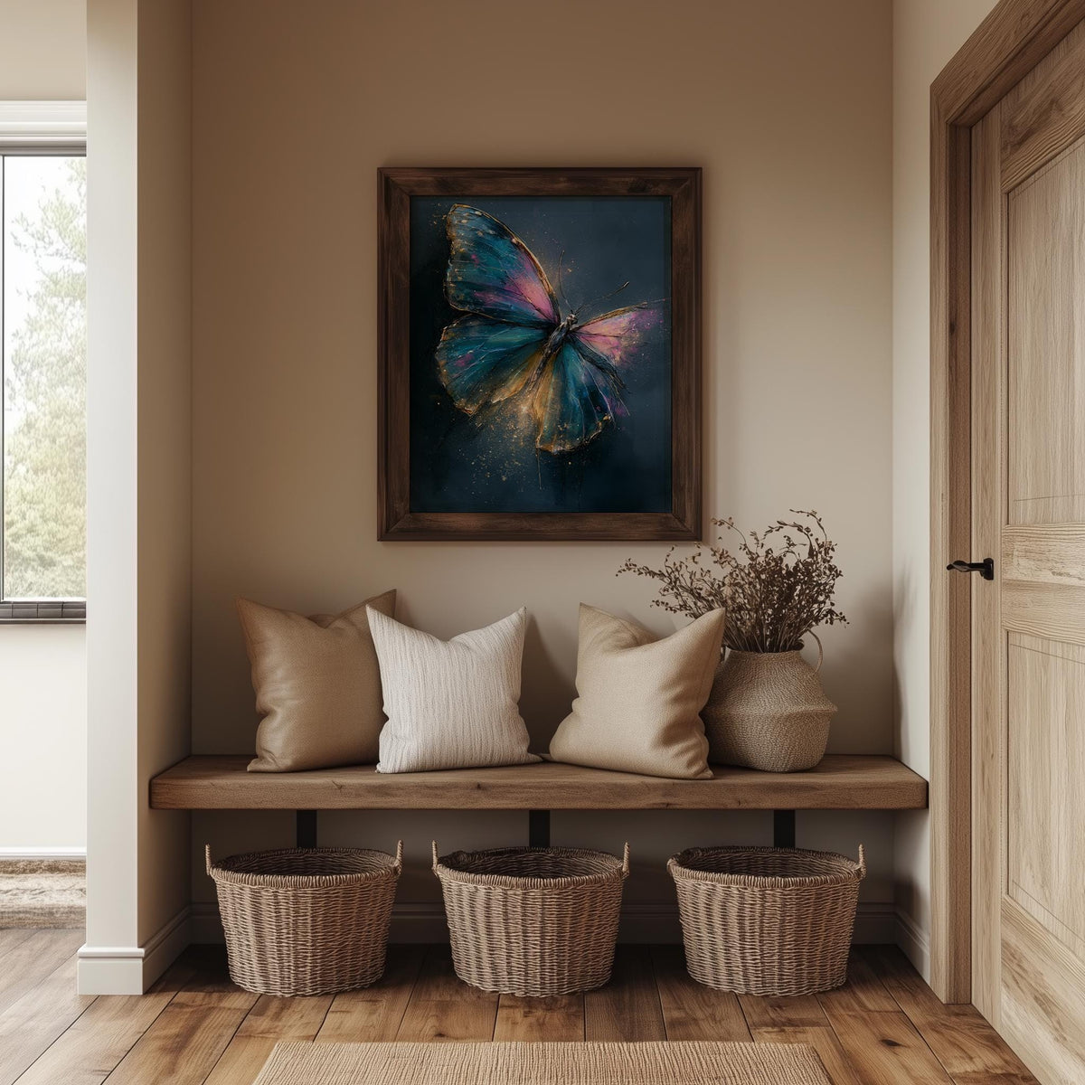 Golden Butterfly animal art print shown in a room setting