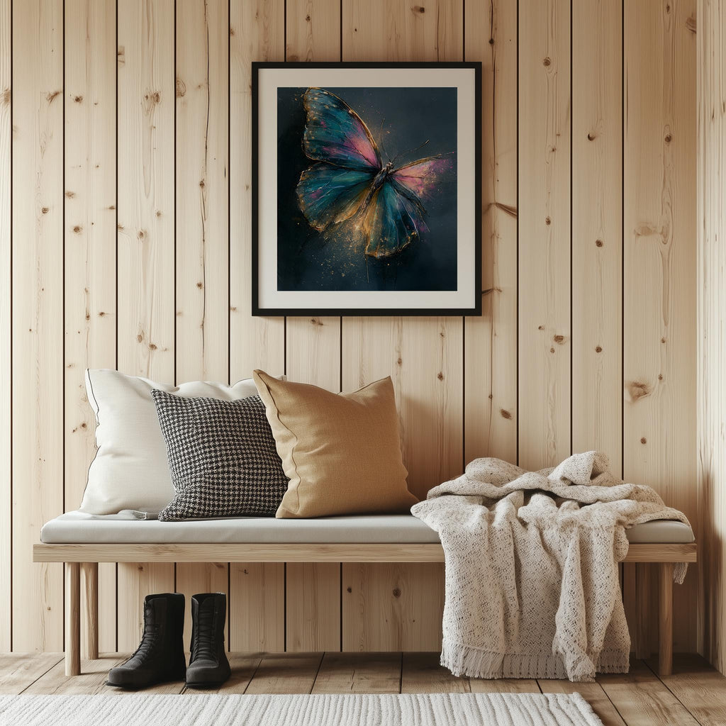 Golden Butterfly animal art print shown in a room setting
