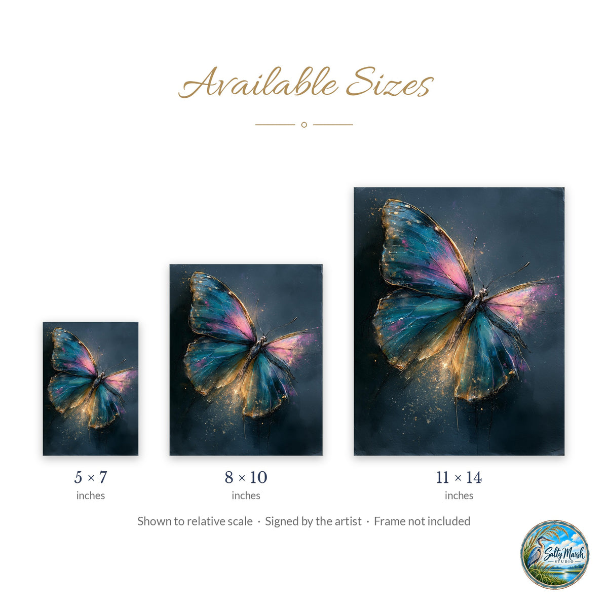Golden Butterfly art print size guide: 5x7, 8x10 and 11x14
