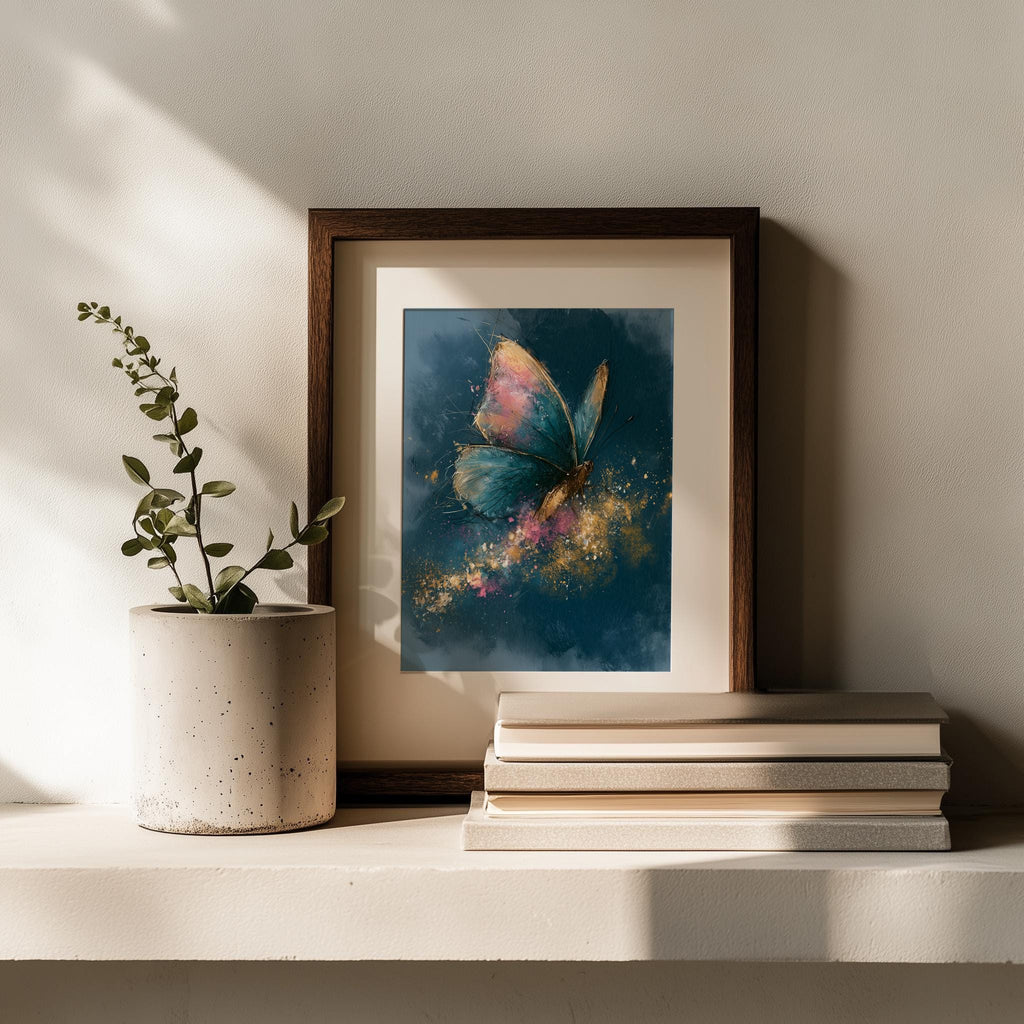 Pink Teal Butterfly animal art print shown in a room setting