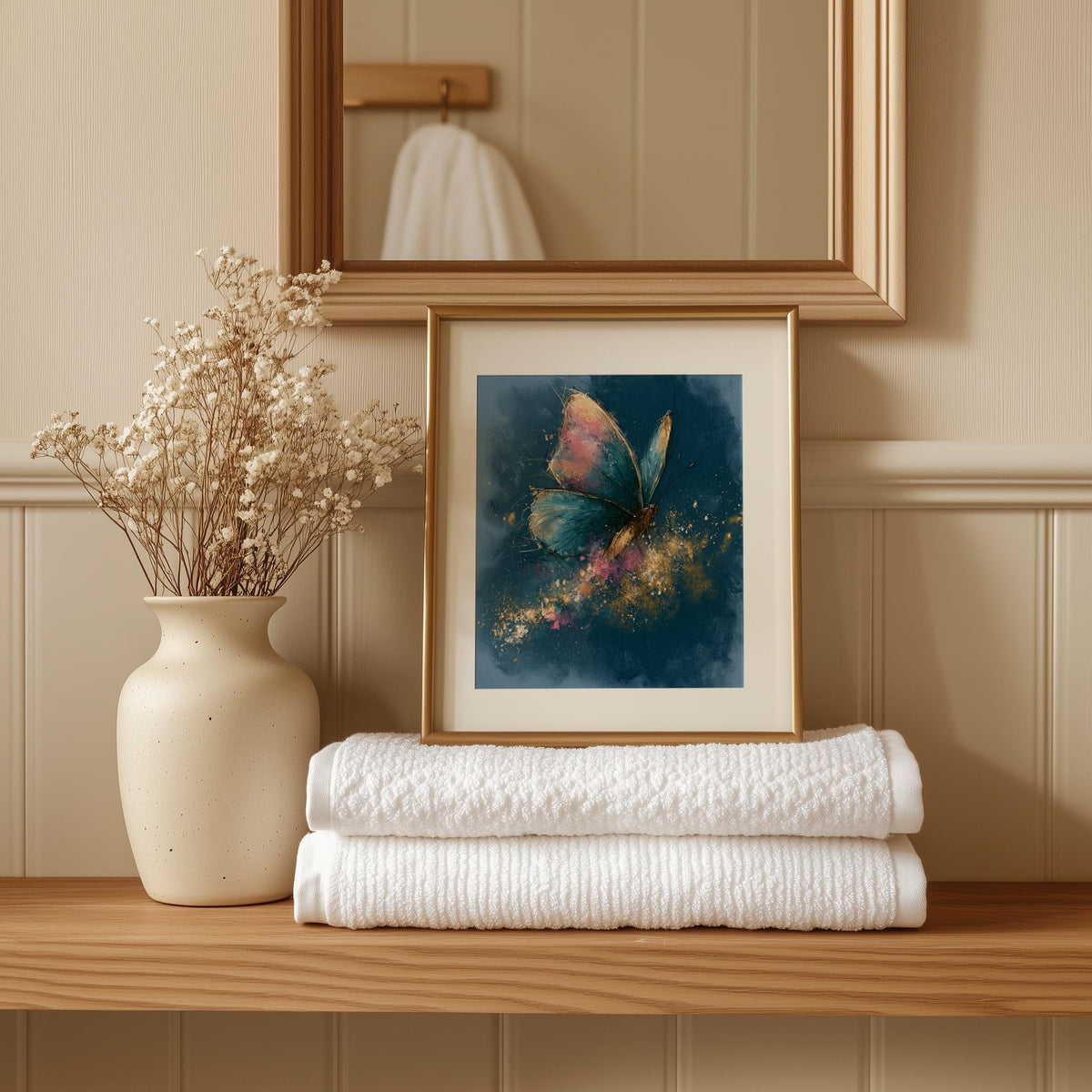 Pink Teal Butterfly animal art print shown in a room setting