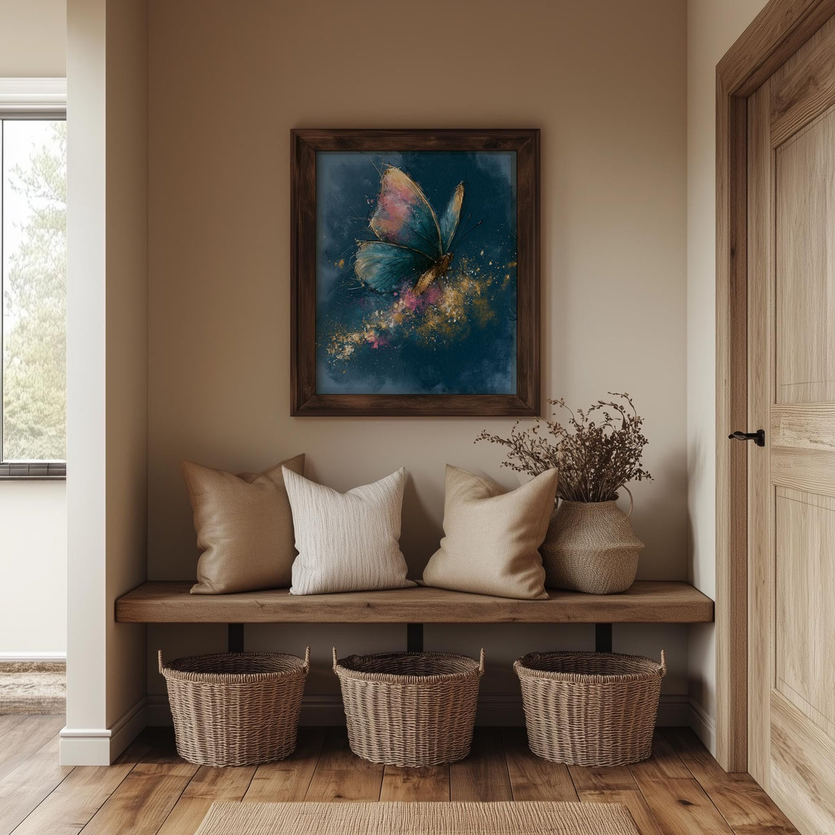 Pink Teal Butterfly animal art print shown in a room setting