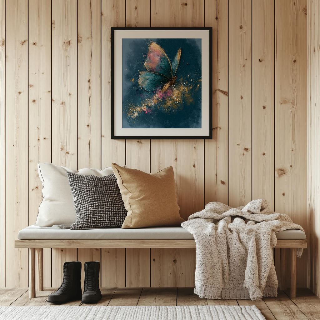 Pink Teal Butterfly animal art print shown in a room setting