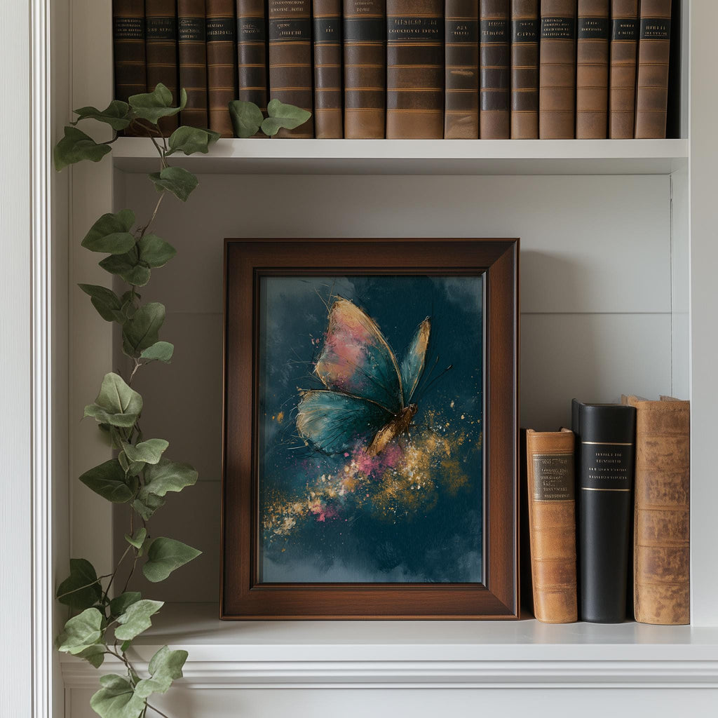Pink Teal Butterfly animal art print shown in a room setting