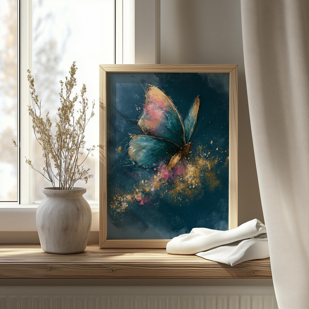 Pink Teal Butterfly animal art print shown in a room setting