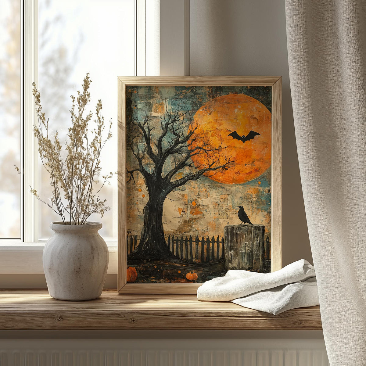 Moon Crow Night Halloween art print shown in a room setting