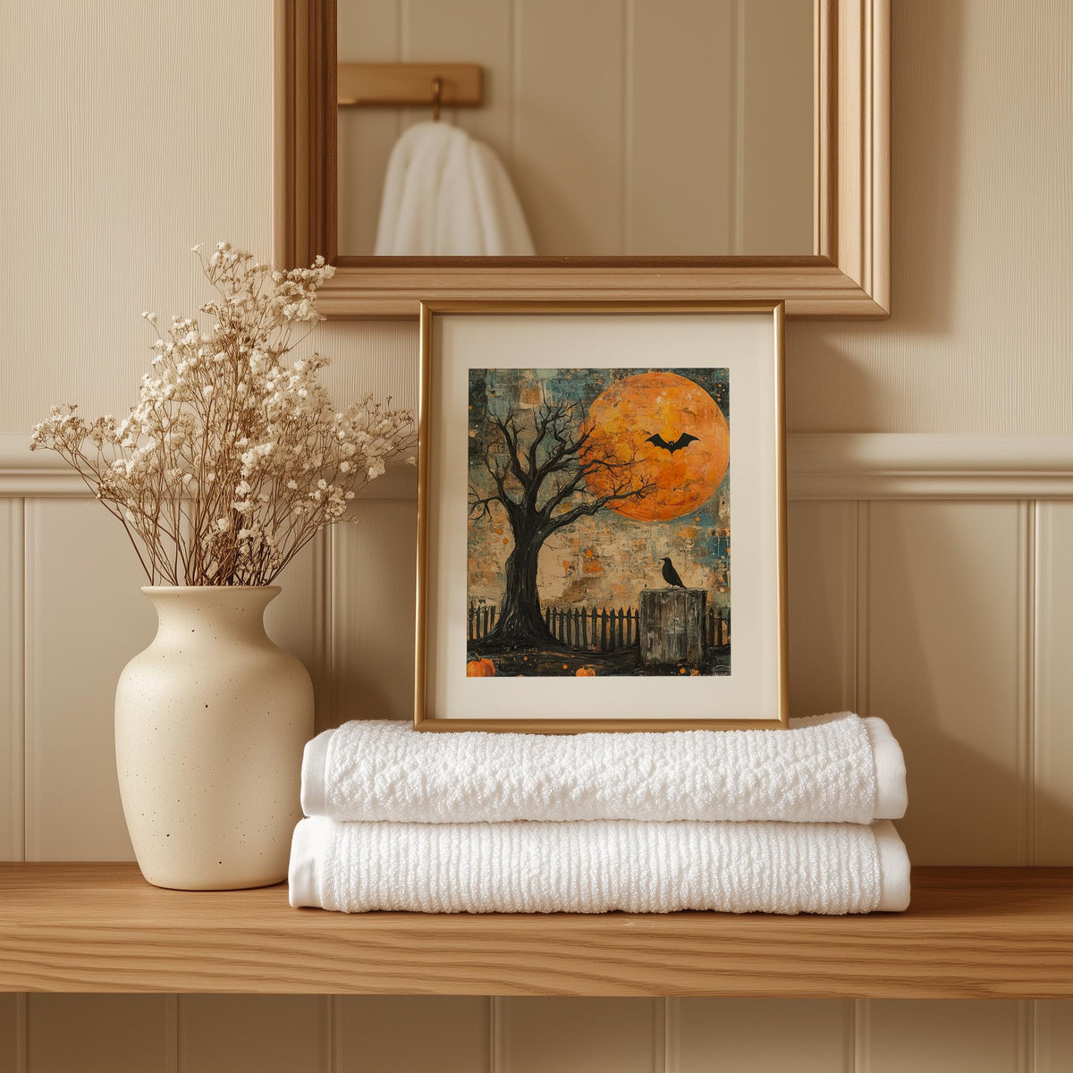 Moon Crow Night Halloween art print shown in a room setting