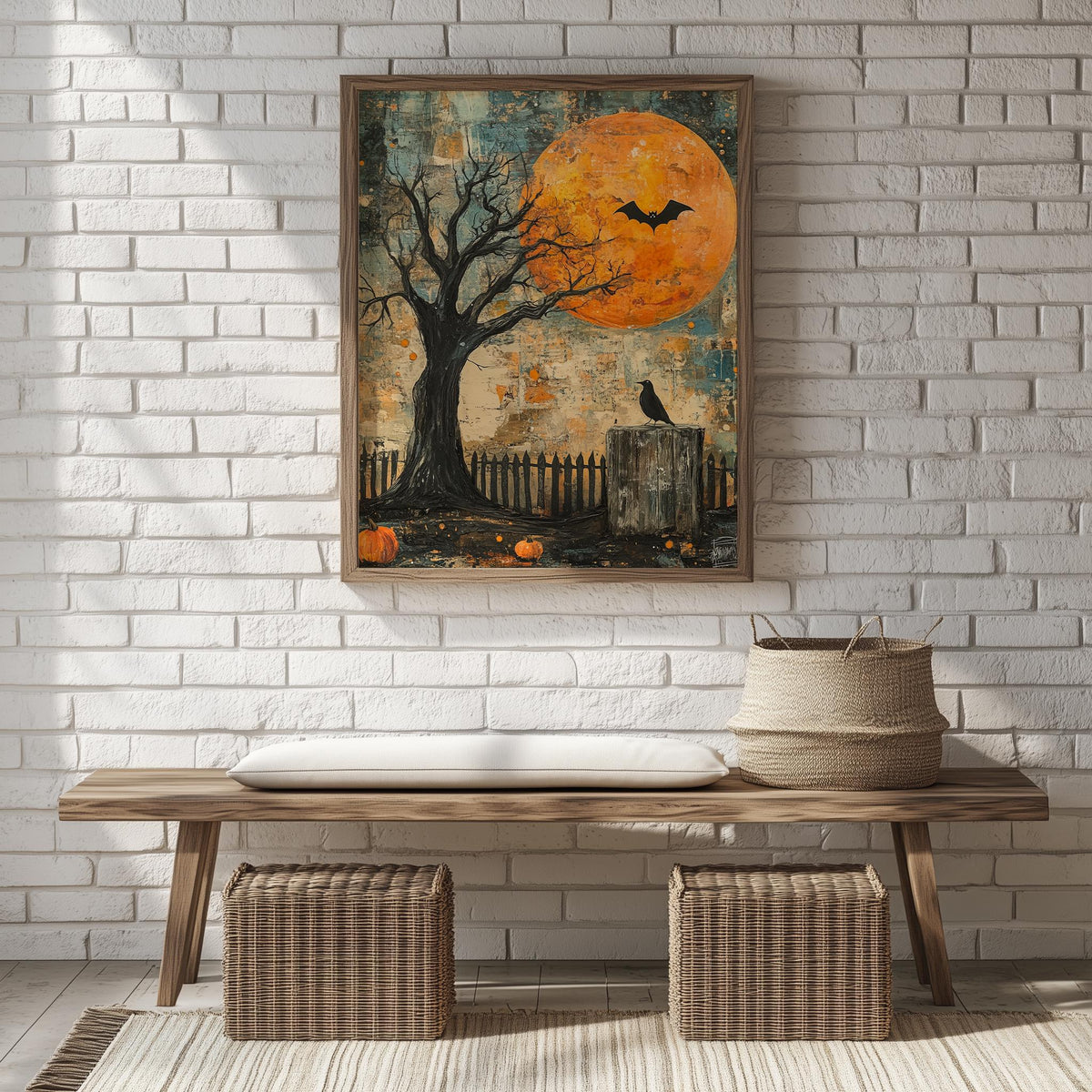 Moon Crow Night Halloween art print shown in a room setting