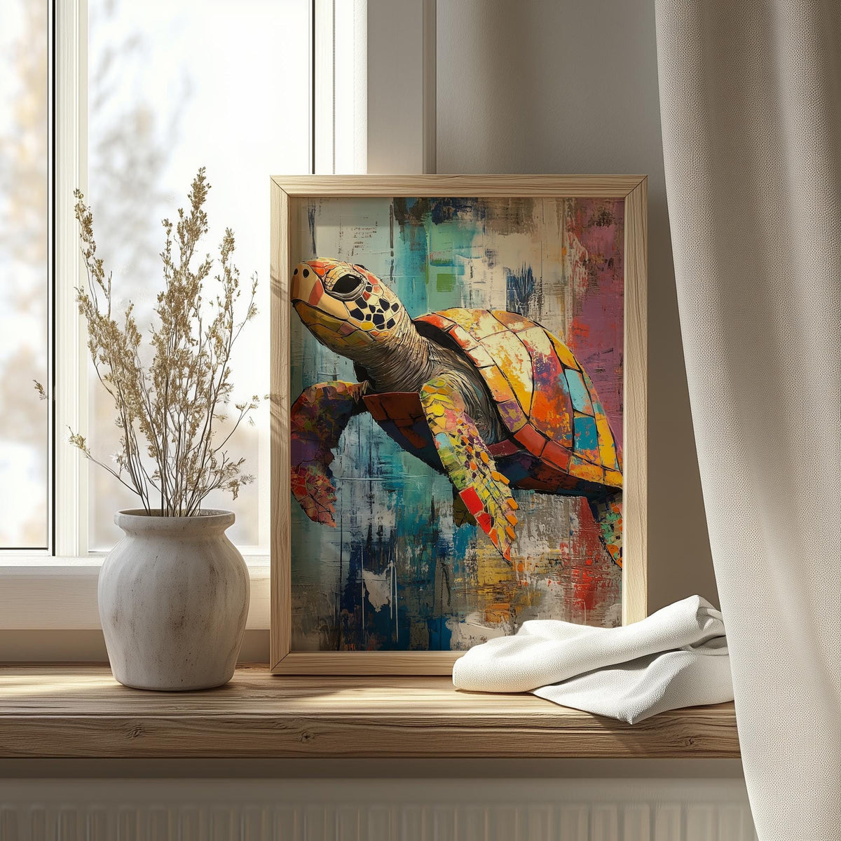 Sea Turtle Mixed Media animal art print shown in a room setting