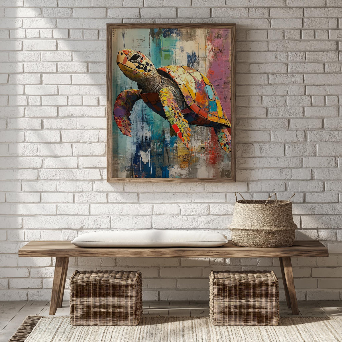 Sea Turtle Mixed Media animal art print shown in a room setting