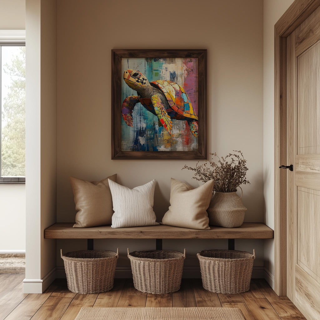 Sea Turtle Mixed Media animal art print shown in a room setting