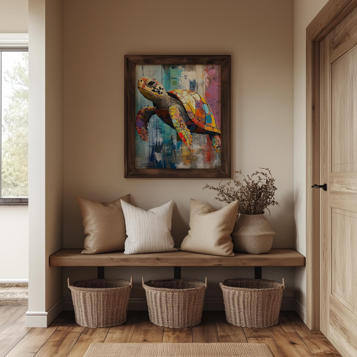 Sea Turtle Mixed Media animal art print shown in a room setting