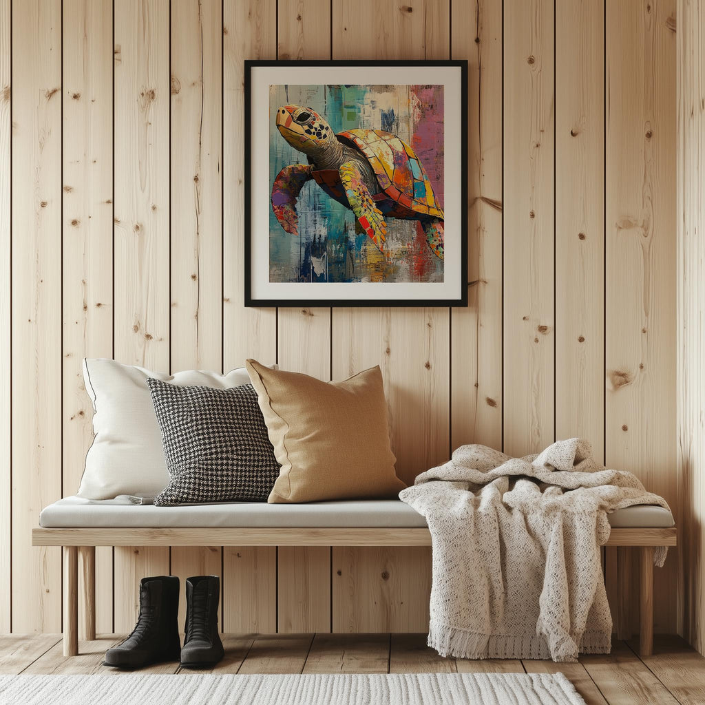 Sea Turtle Mixed Media animal art print shown in a room setting