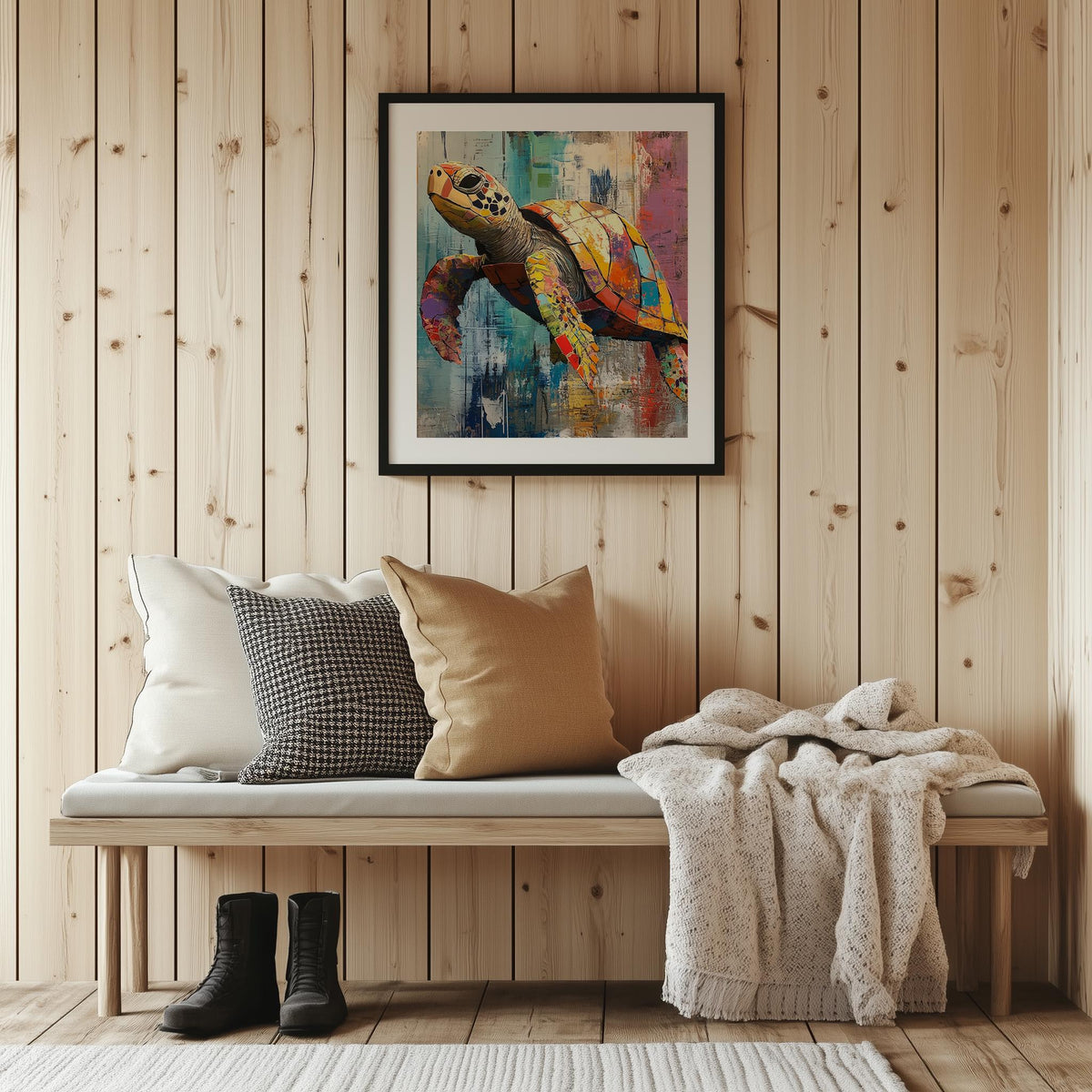 Sea Turtle Mixed Media animal art print shown in a room setting