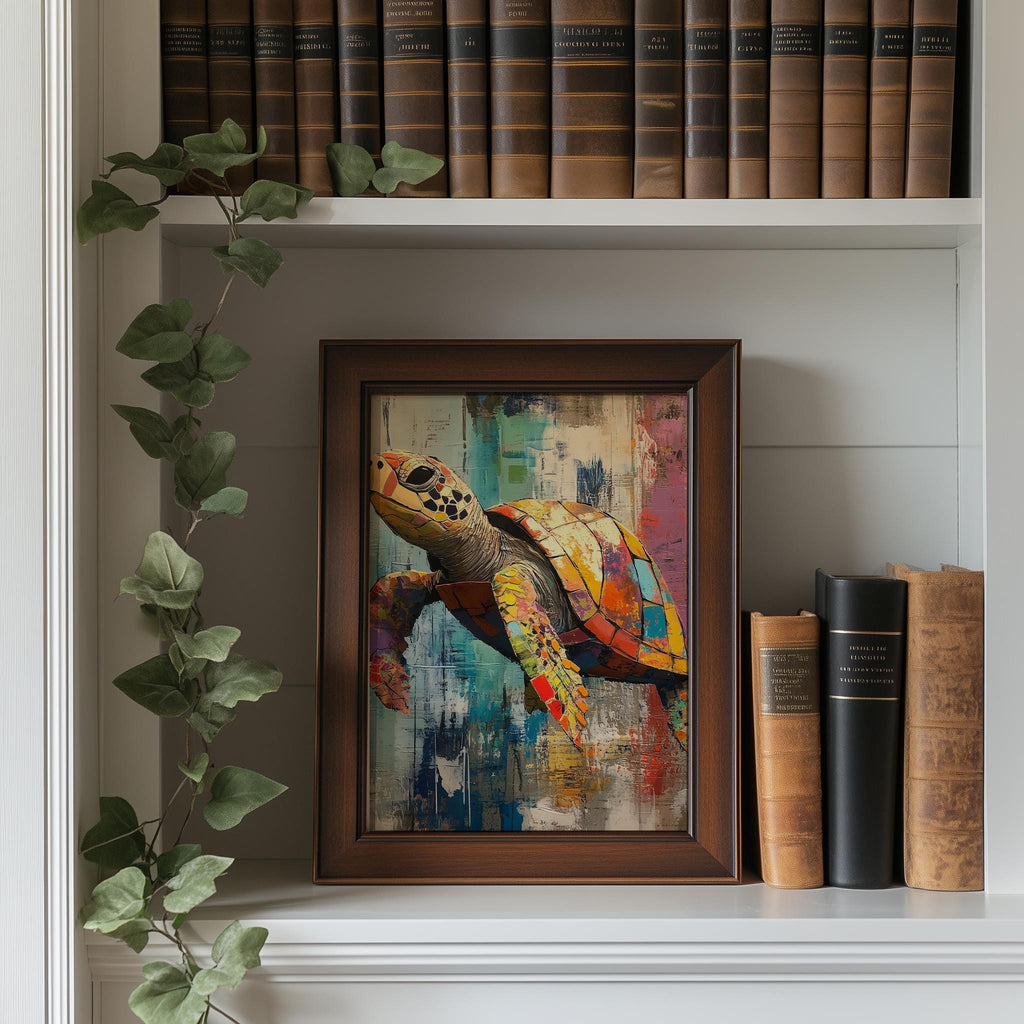 Sea Turtle Mixed Media animal art print shown in a room setting