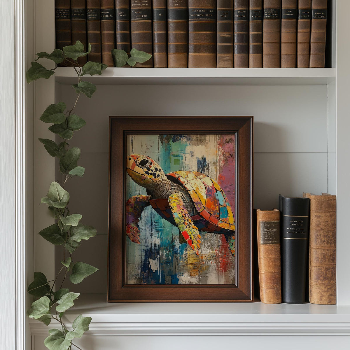 Sea Turtle Mixed Media animal art print shown in a room setting