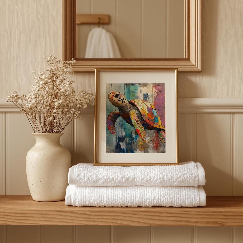Sea Turtle Mixed Media animal art print shown in a room setting