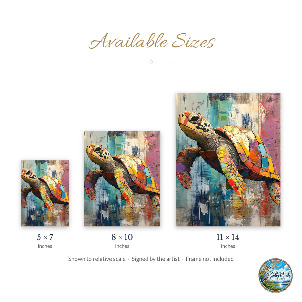 Sea Turtle Mixed Media art print size guide: 5x7, 8x10 and 11x14