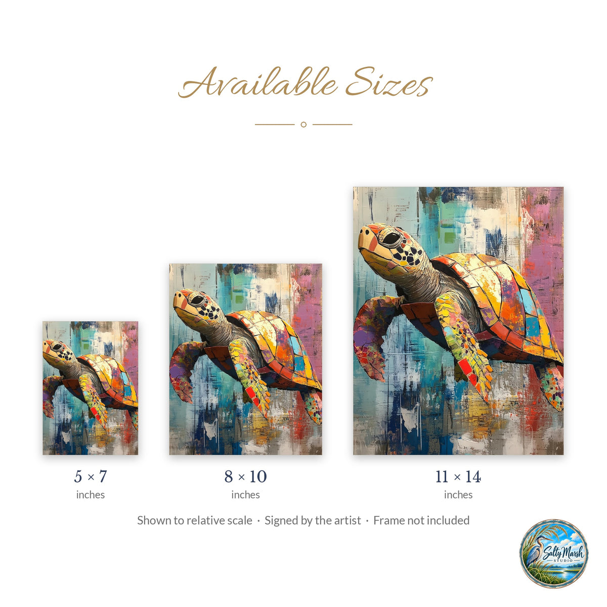 Sea Turtle Mixed Media art print size guide: 5x7, 8x10 and 11x14