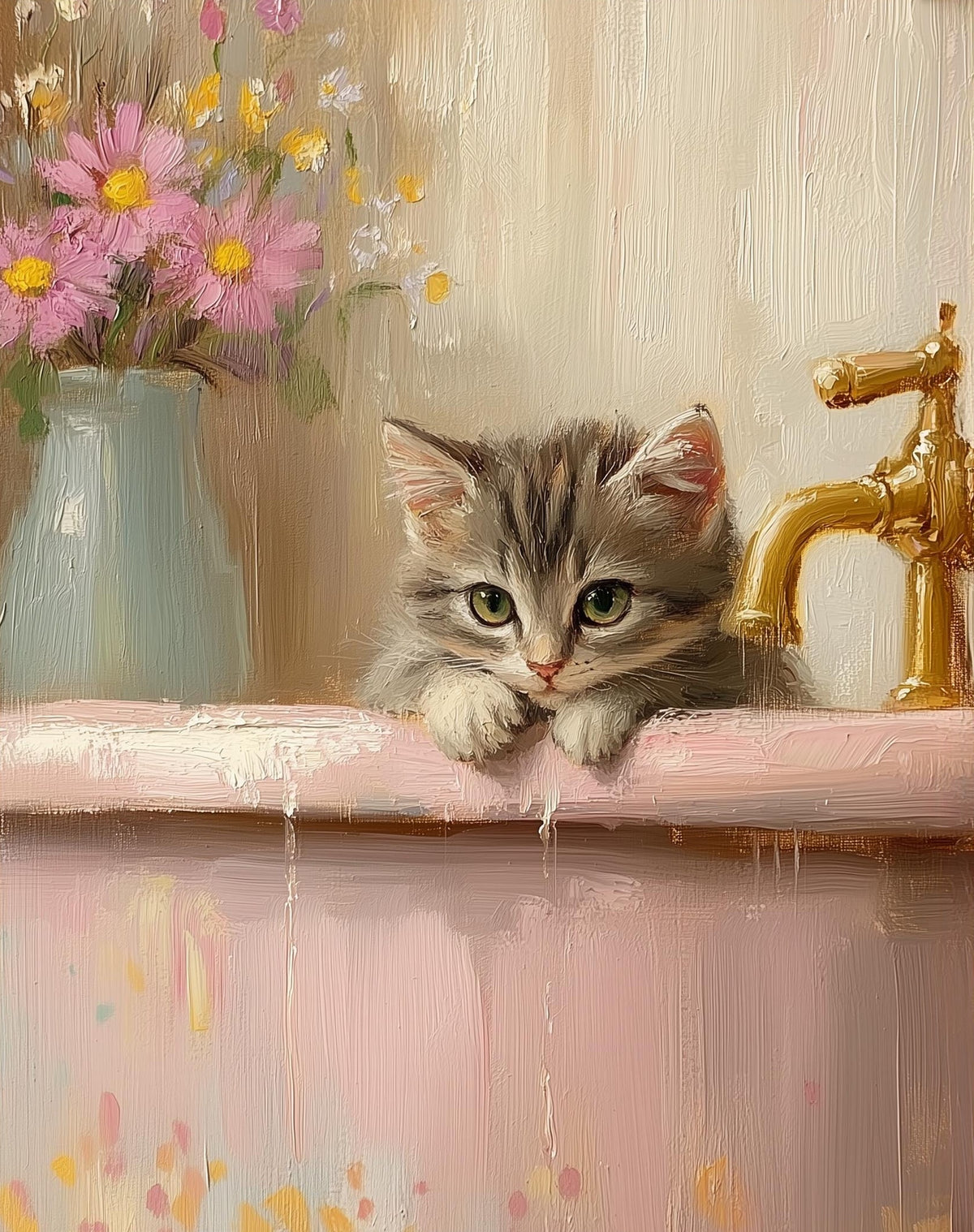 Bathtub Kitten animal art print unframed, signed by Pattie Overcash