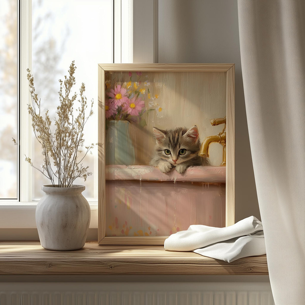 Bathtub Kitten animal art print shown in a room setting