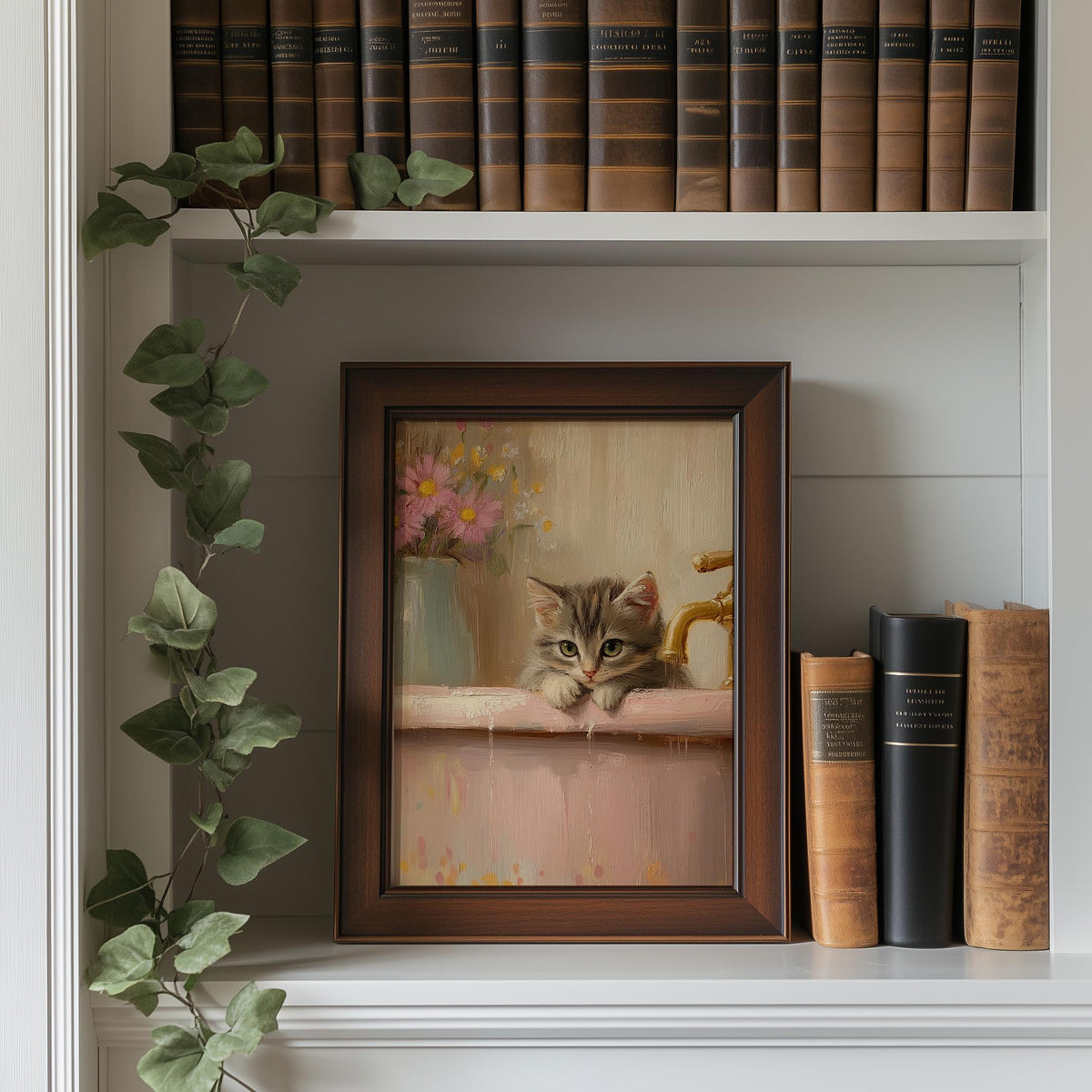 Bathtub Kitten animal art print shown in a room setting