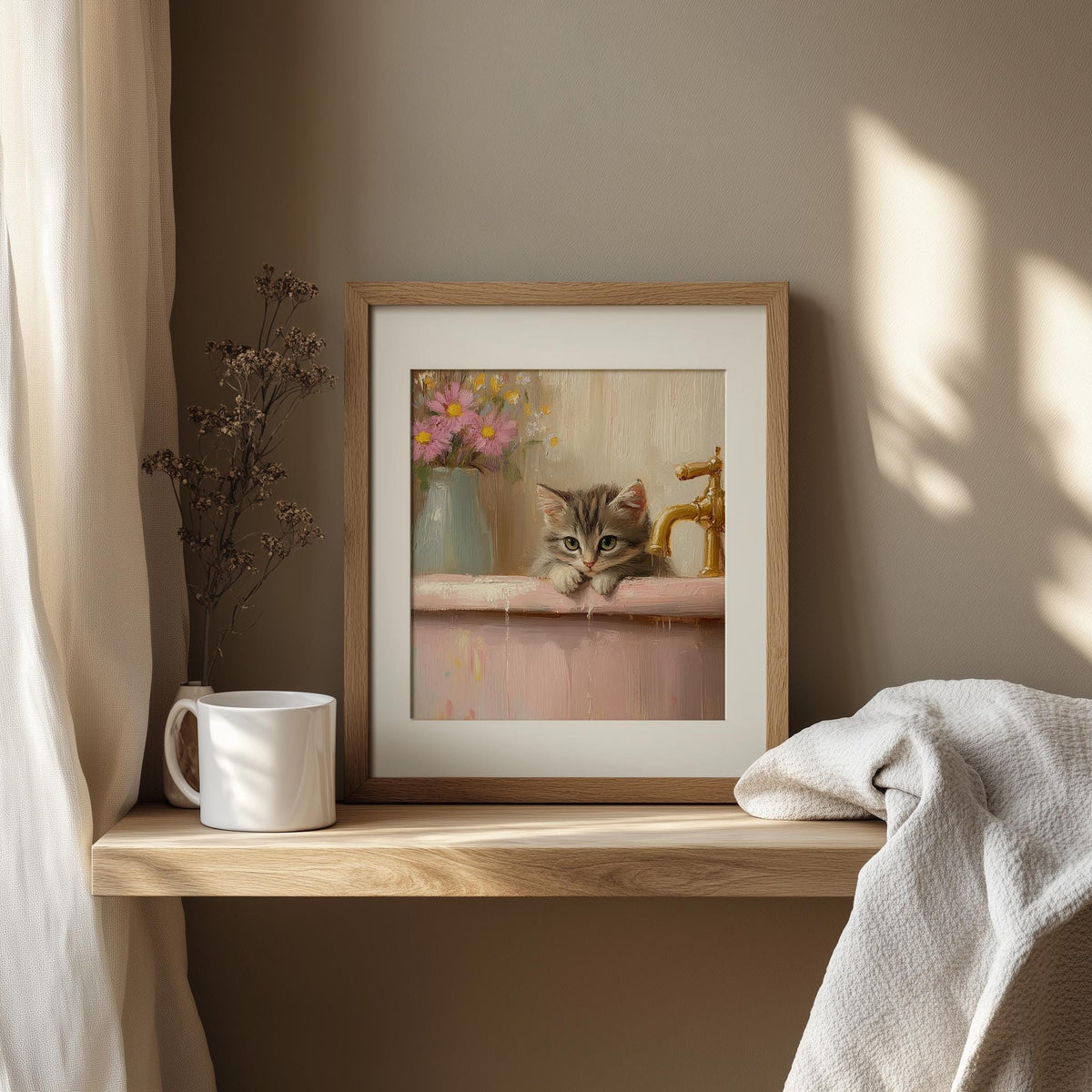 Bathtub Kitten animal art print shown in a room setting