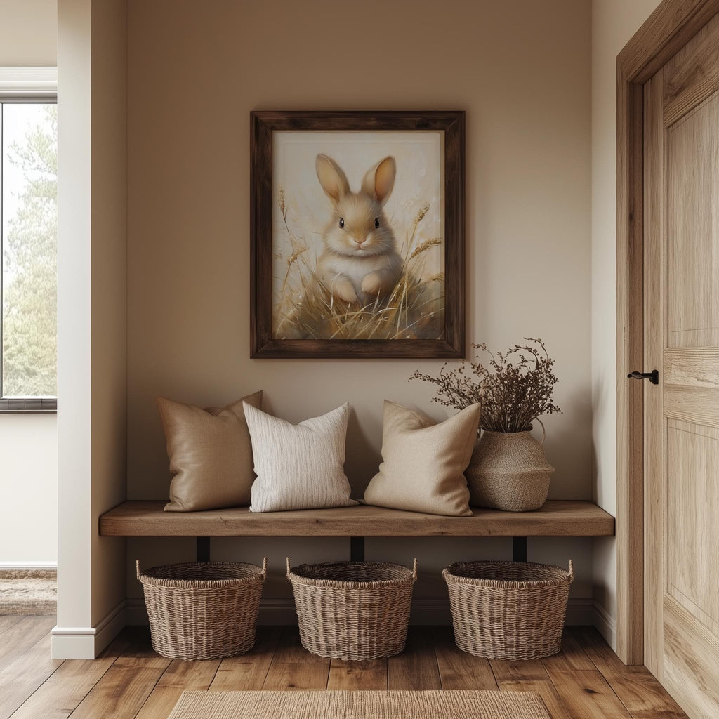 Baby Bunny animal art print shown in a room setting