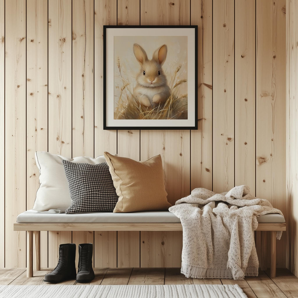 Baby Bunny animal art print shown in a room setting