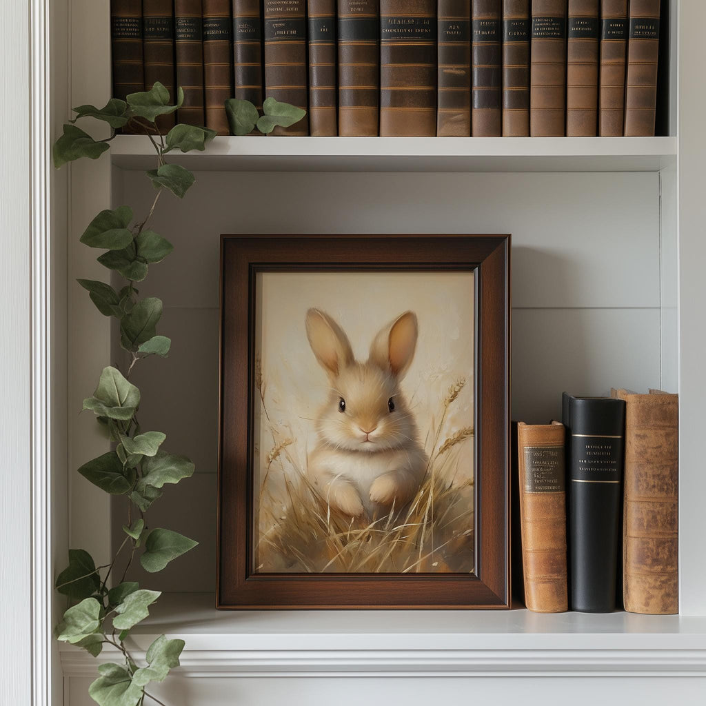 Baby Bunny animal art print shown in a room setting