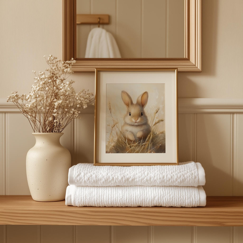Baby Bunny animal art print shown in a room setting