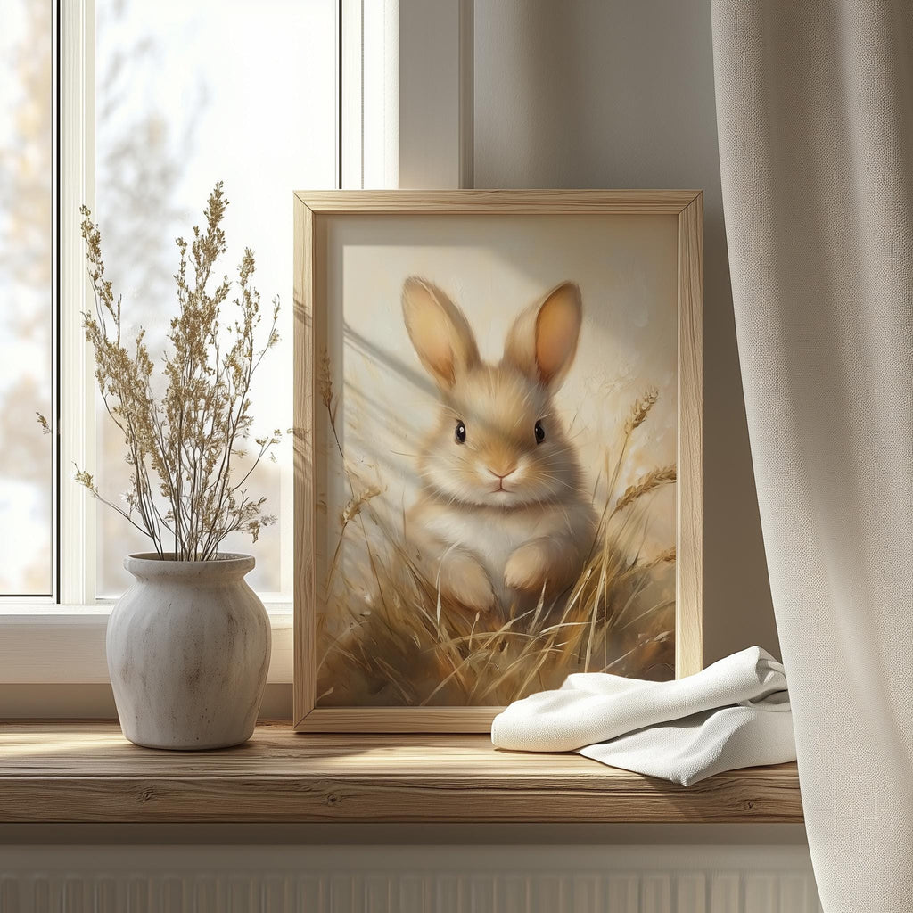 Baby Bunny animal art print shown in a room setting