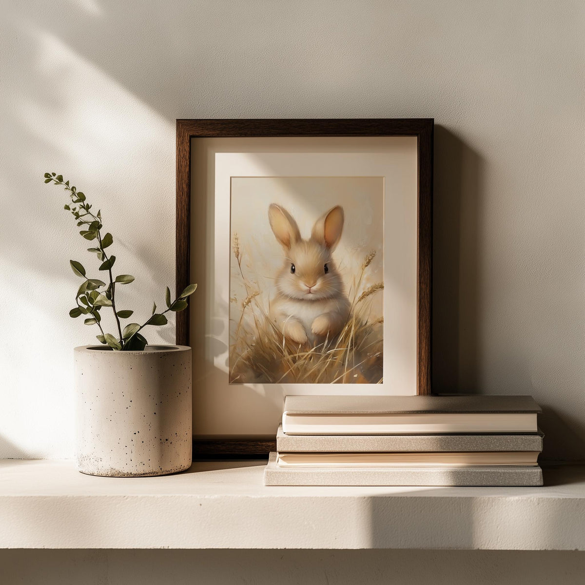 Baby Bunny animal art print shown in a room setting