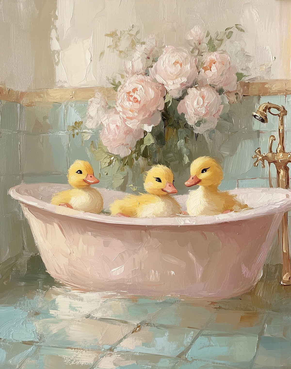 Duckling Bath animal art print unframed, signed by Pattie Overcash