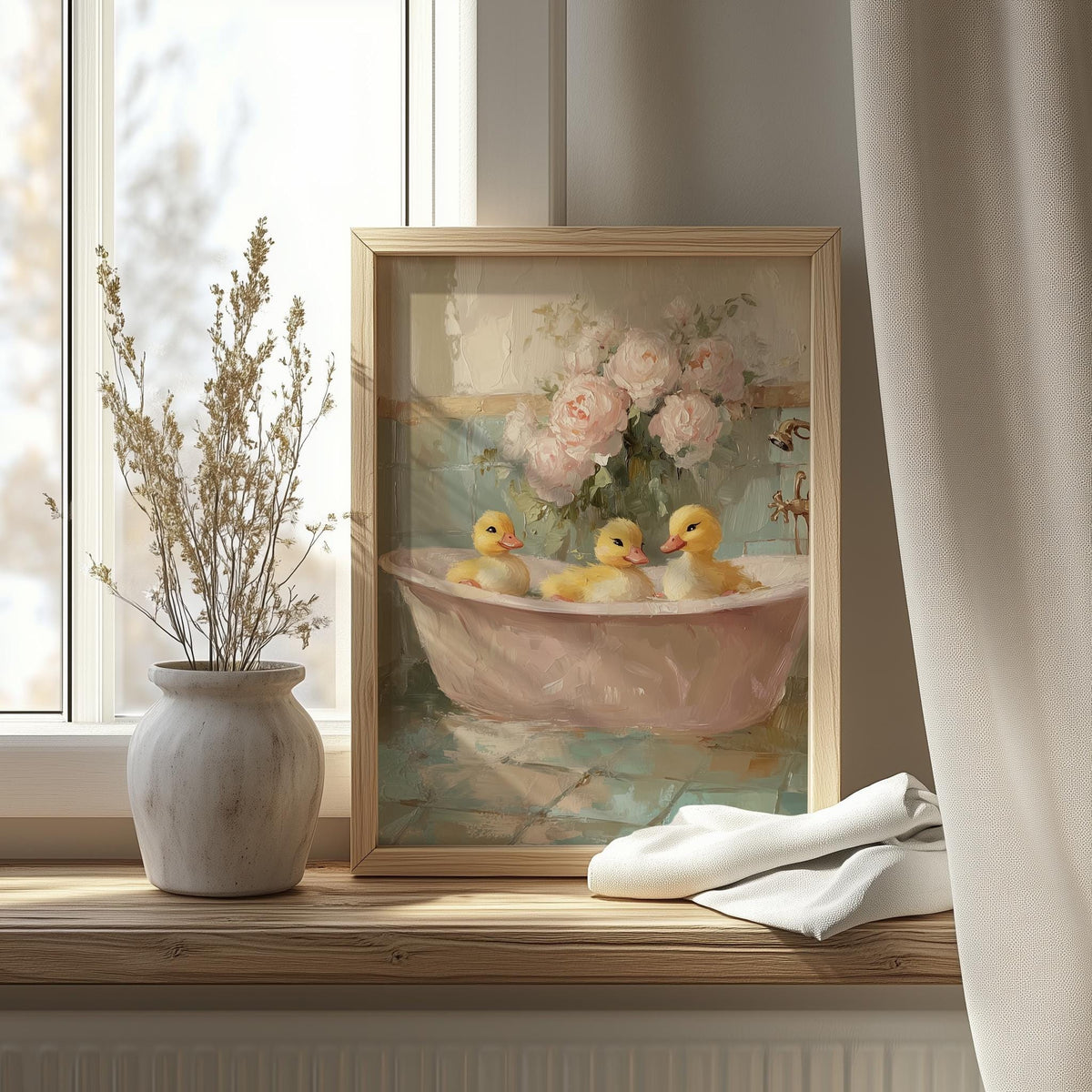 Duckling Bath animal art print shown in a room setting