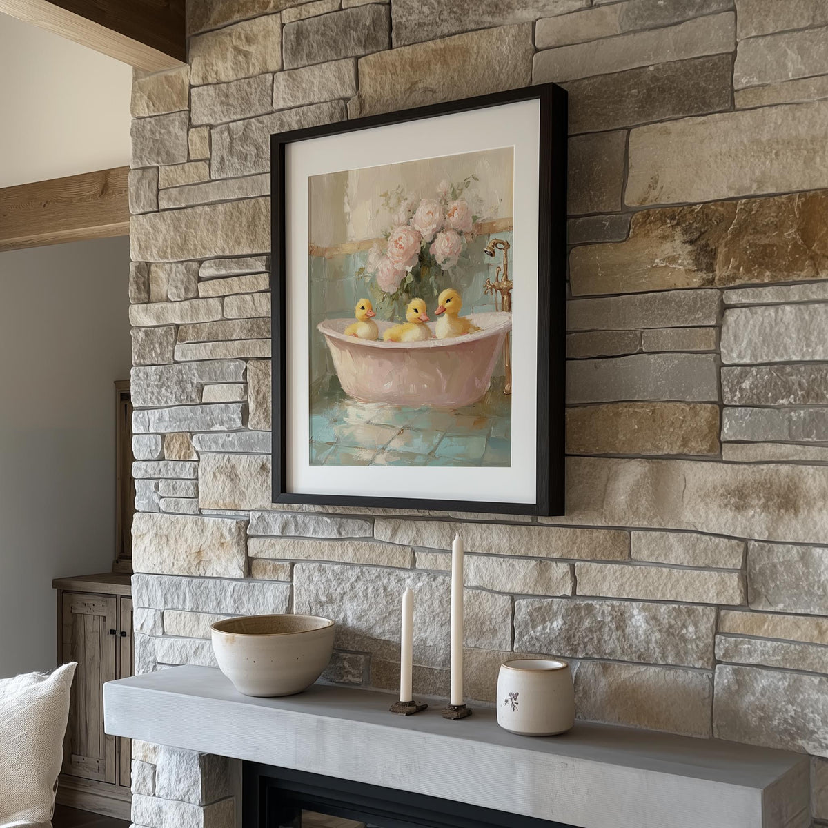 Duckling Bath animal art print shown in a room setting