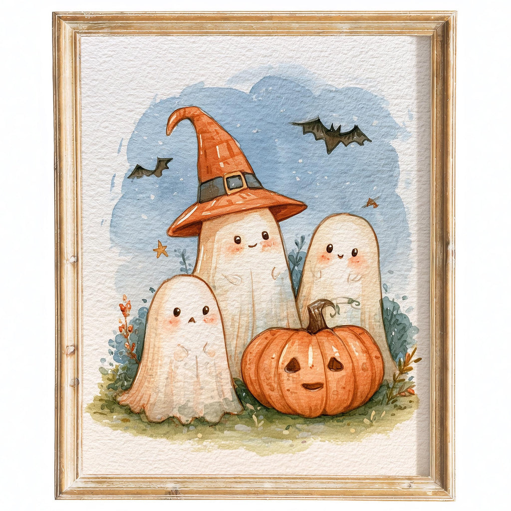 Ghost Trio Pumpkin Halloween art print framed