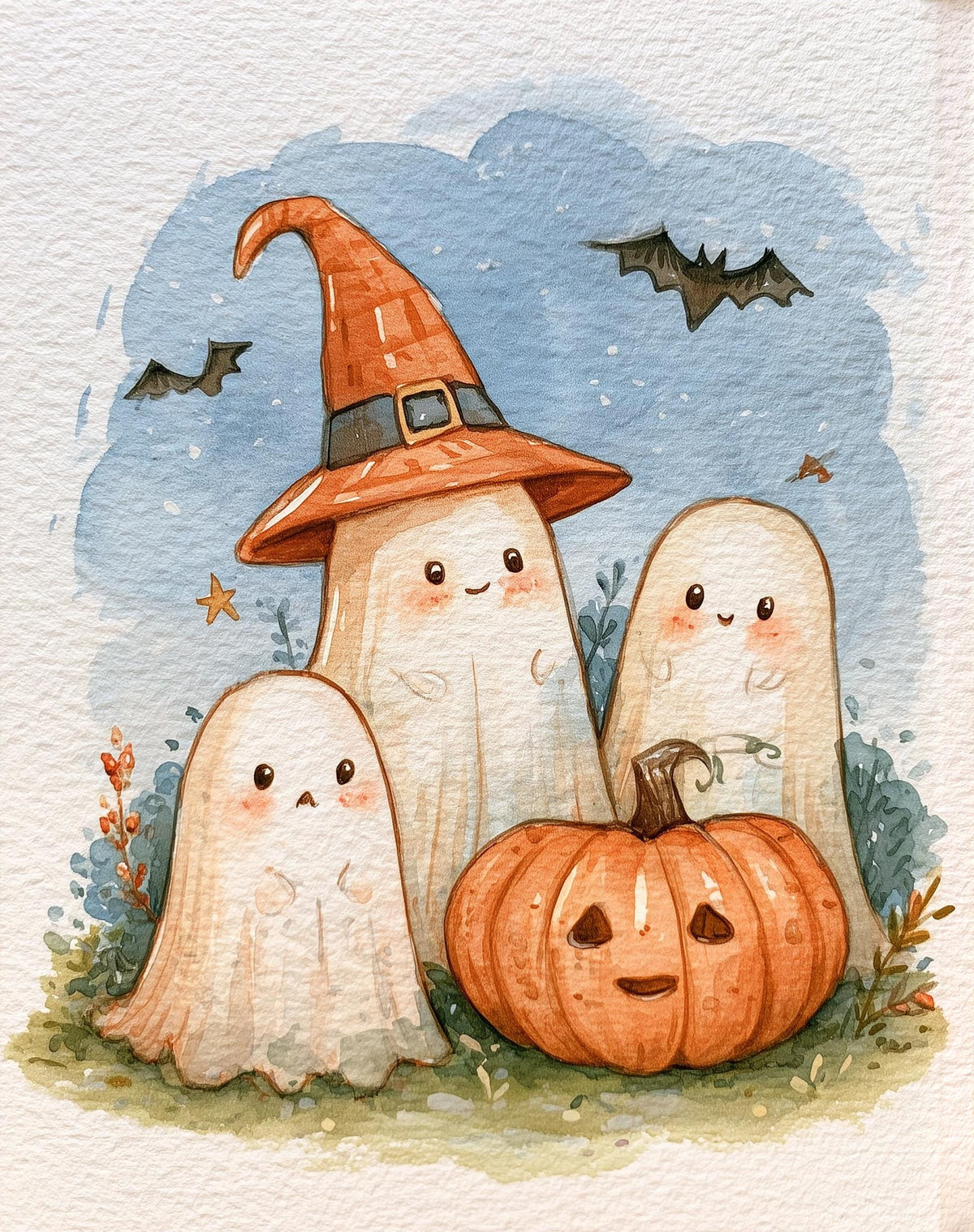 Ghost Trio Pumpkin Halloween art print unframed, signed by Pattie Overcash