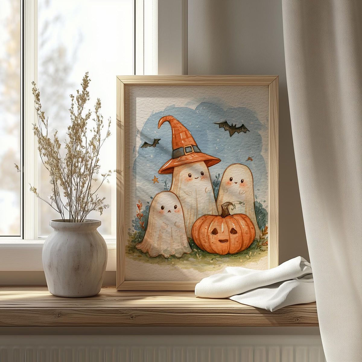 Ghost Trio Pumpkin Halloween art print shown in a room setting