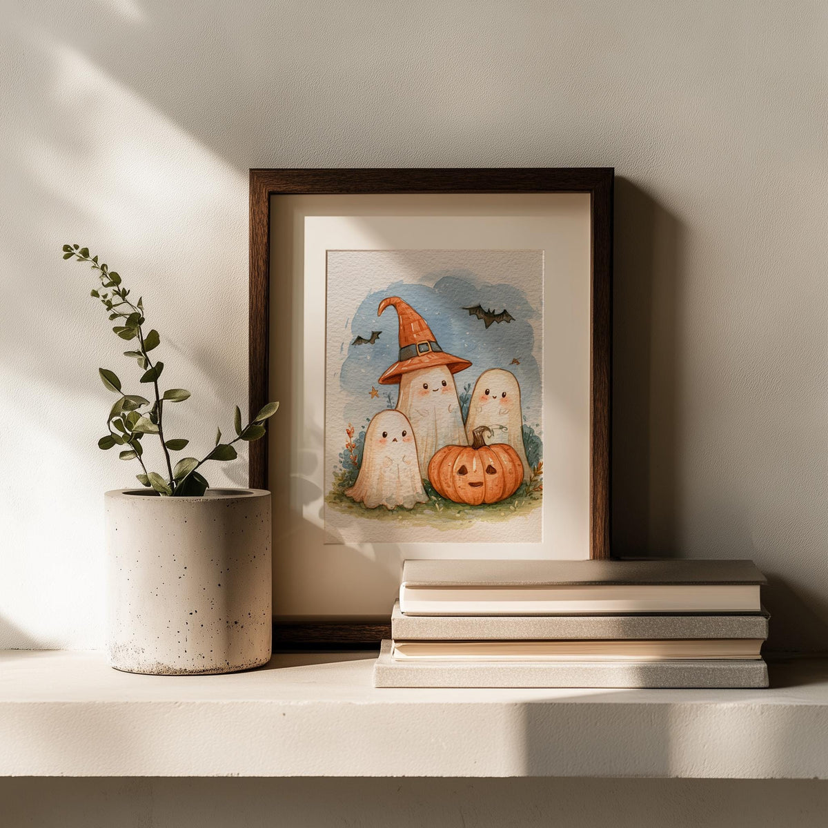 Ghost Trio Pumpkin Halloween art print shown in a room setting