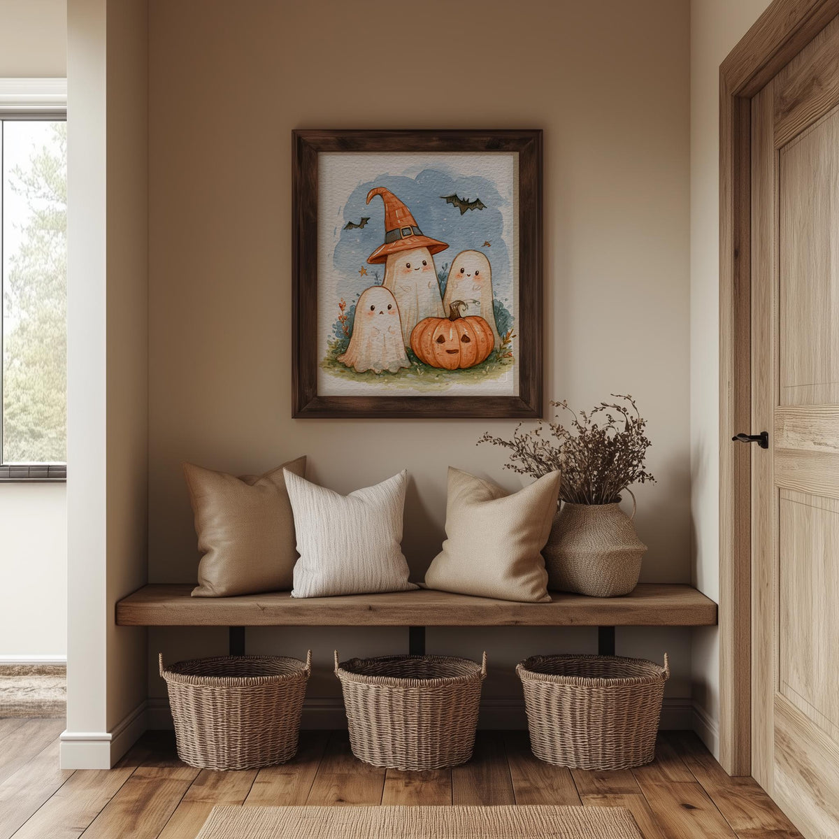 Ghost Trio Pumpkin Halloween art print shown in a room setting