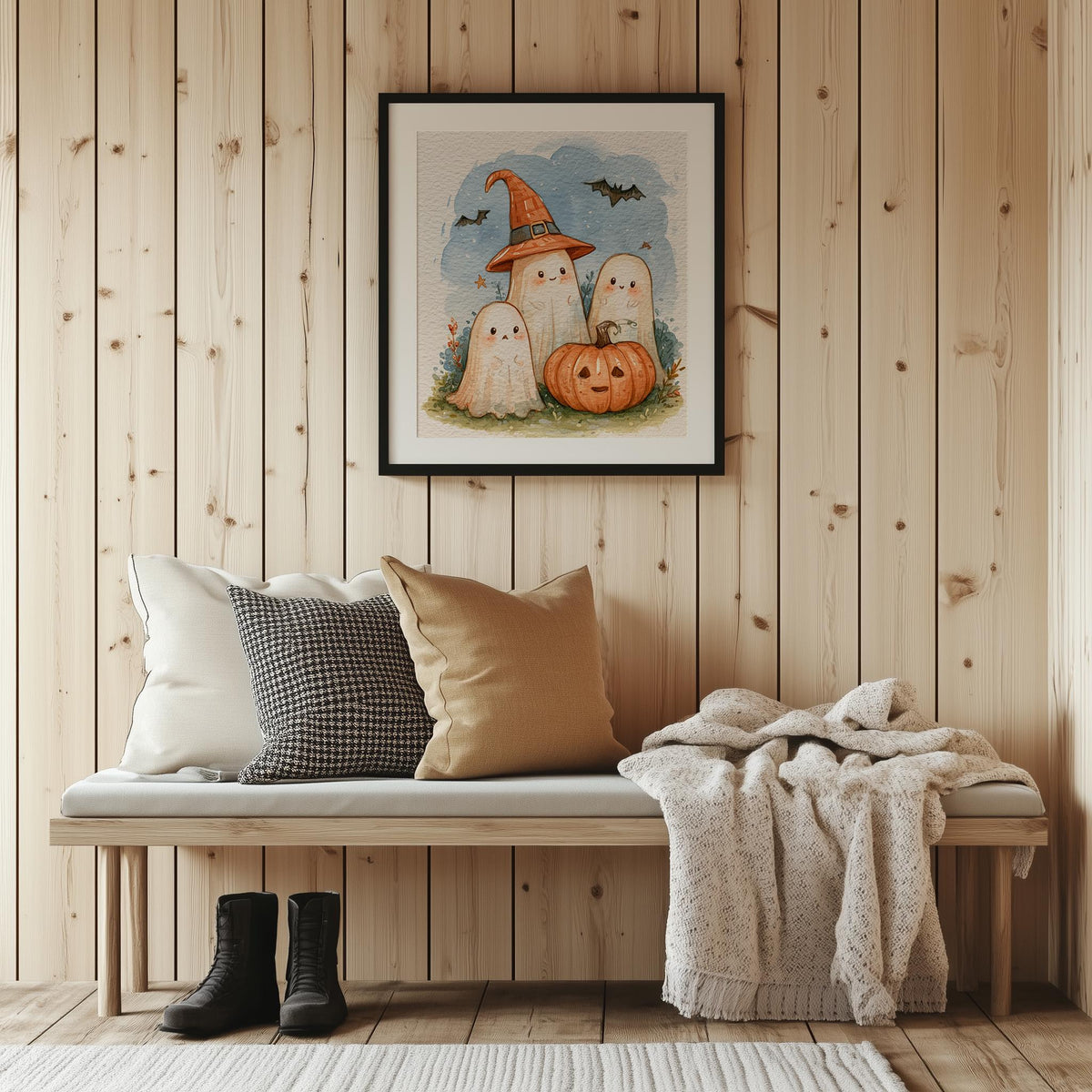 Ghost Trio Pumpkin Halloween art print shown in a room setting