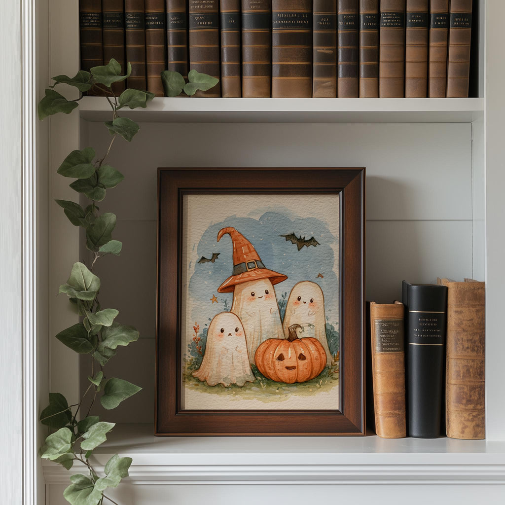 Ghost Trio Pumpkin Halloween art print shown in a room setting