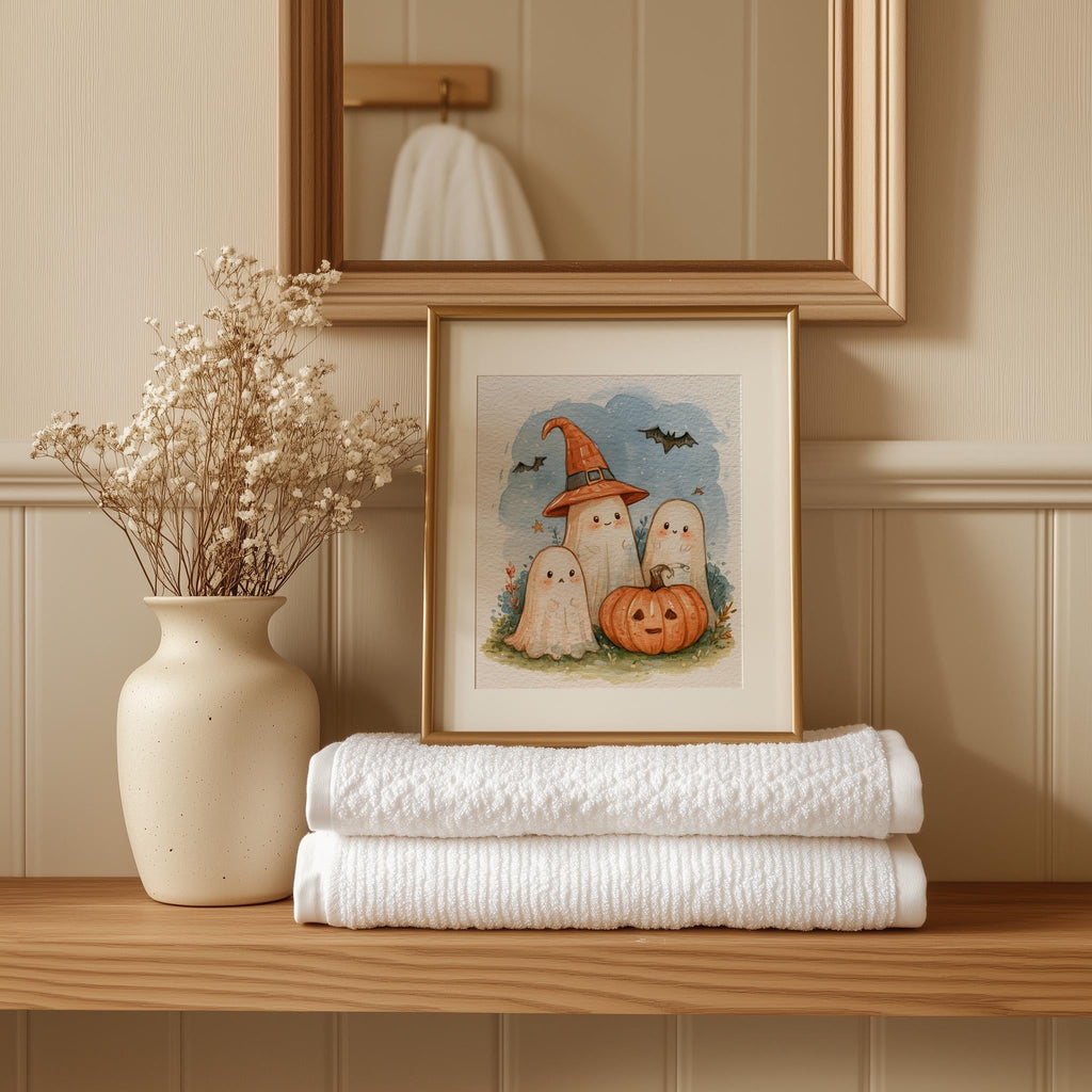 Ghost Trio Pumpkin Halloween art print shown in a room setting