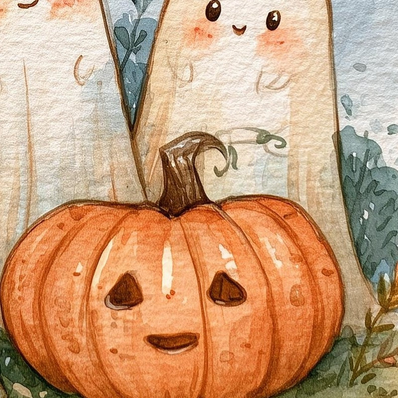 Ghost Trio Pumpkin Halloween art print close-up detail