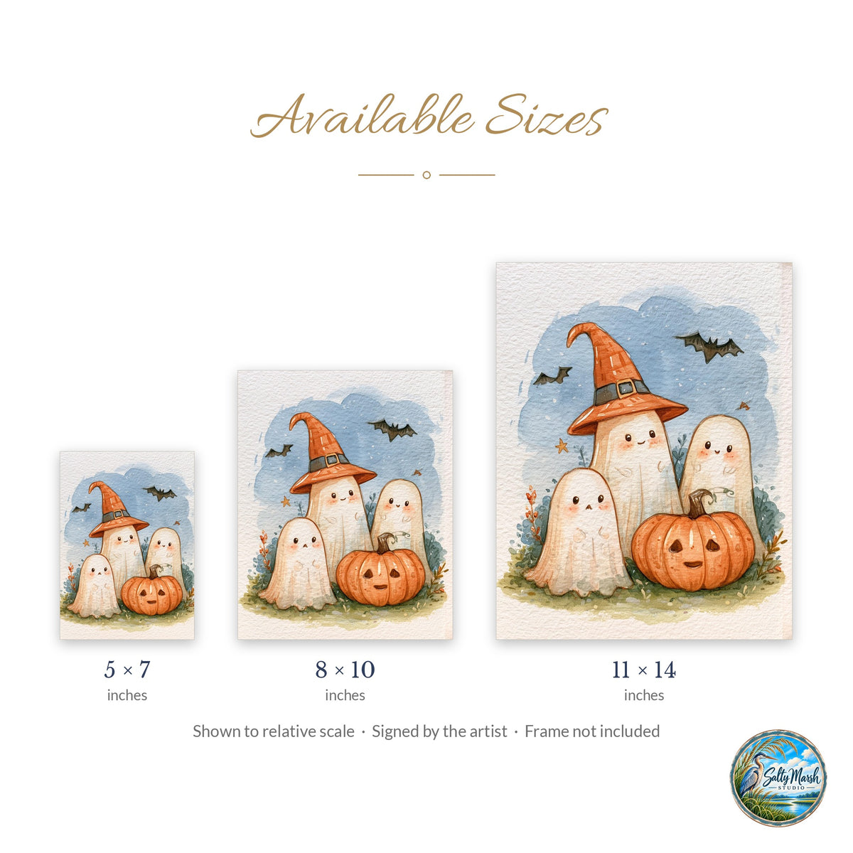 Ghost Trio Pumpkin art print size guide: 5x7, 8x10 and 11x14