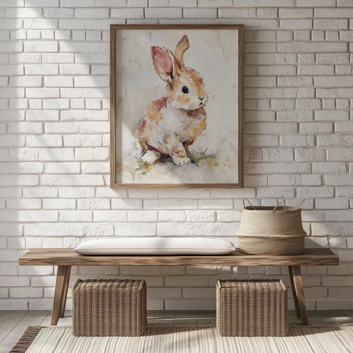 Cottage Bunny animal art print shown in a room setting
