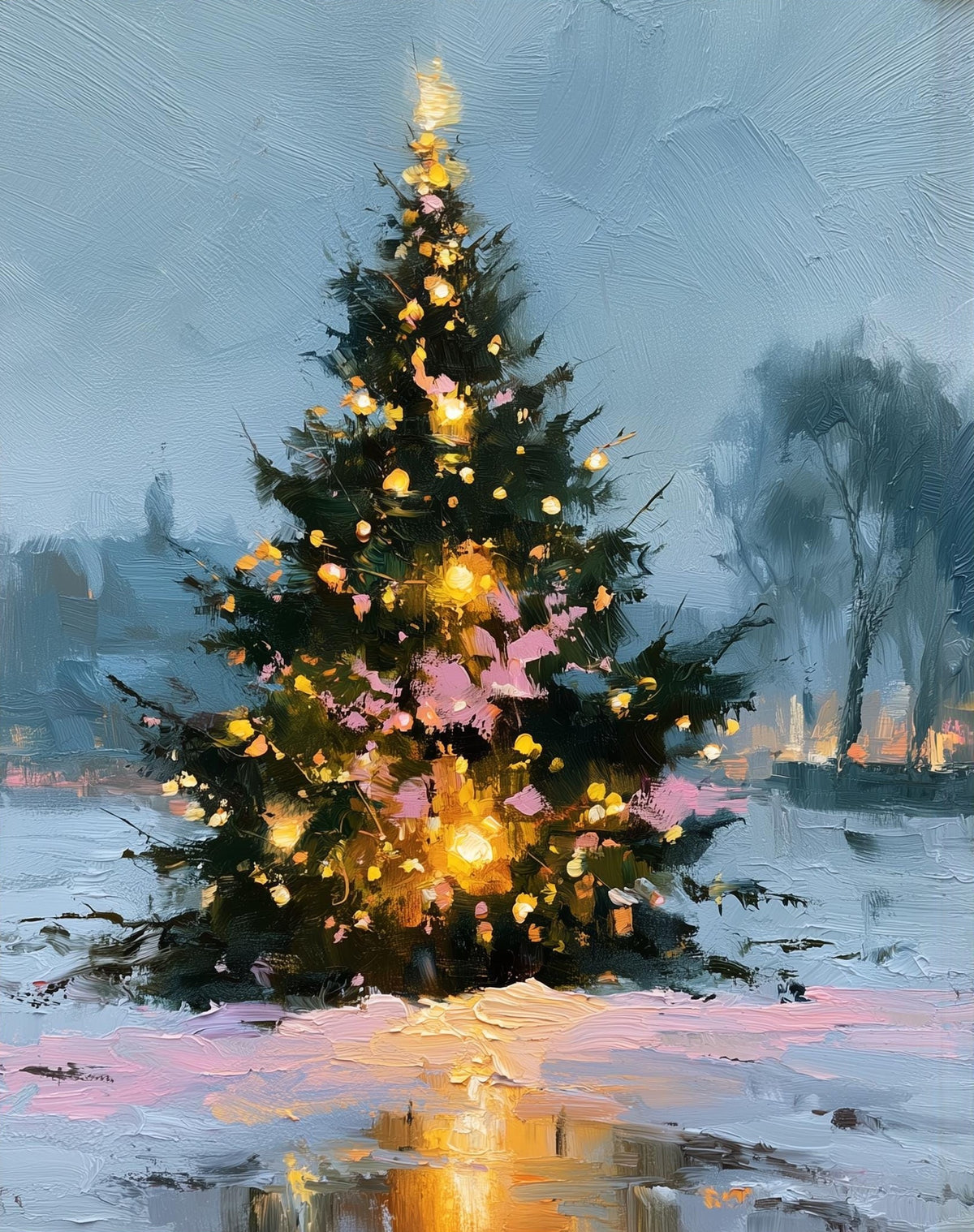 Lakeside Tree Christmas art print unframed, signed by Pattie Overcash
