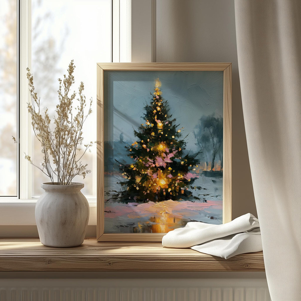 Lakeside Tree Christmas art print shown in a room setting