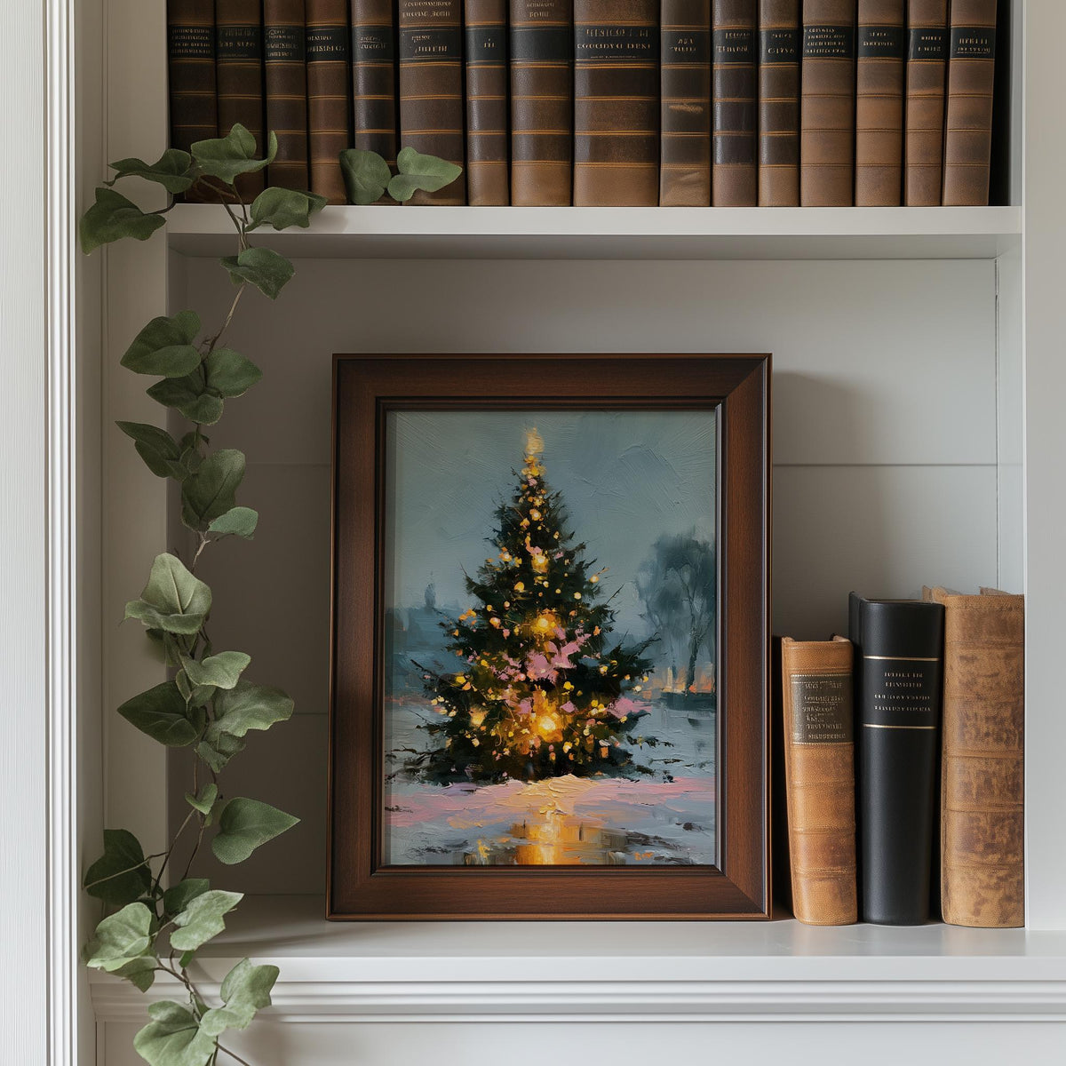Lakeside Tree Christmas art print shown in a room setting